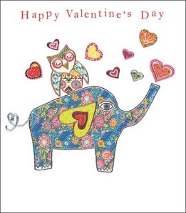 グリーティングカード バレンタイン「象とフクロウとハート」