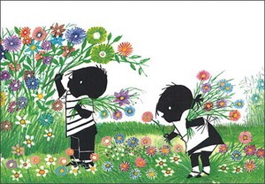 ポストカード イラスト フィープ・ヴェステンドルプ「花を摘むイップとヤネケ/こども」