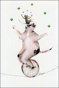 ポストカード イラスト クリスティーヌ・トゥゾー「ネコとネズミの綱渡り、ジャグリング」