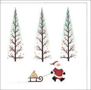グリーティングカード クリスマス「ソリを引くサンタクロースと木」メッセージカード