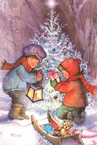 ミニグリーティングカード クリスマス「クリスマスツリーを飾る子どもたち」メッセージカード