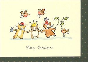 グリーティングカード クリスマス「メリークリスマス」メッセージカード猫コマドリ 小鳥