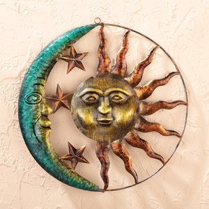 屋内外使用、ブラウン色の芸術的な太陽と月（サン＆ムーン）メタルウォールアート サイン壁装飾