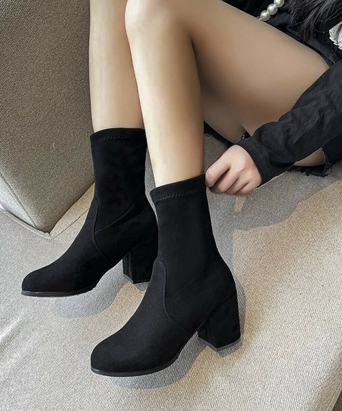 国内即納 スエード調ショートブーツ 太ヒールブーツ