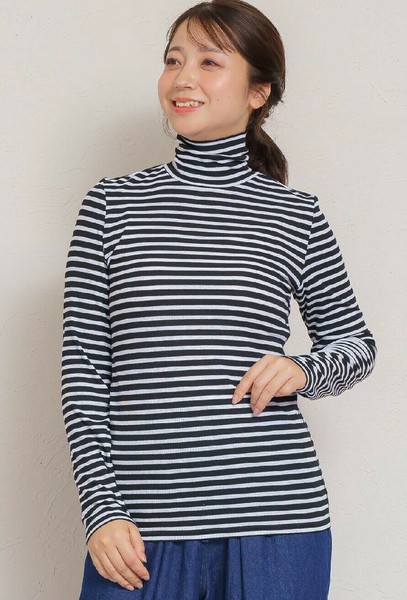 ガーゼフライスボーダー柄タートル長袖Tシャツ