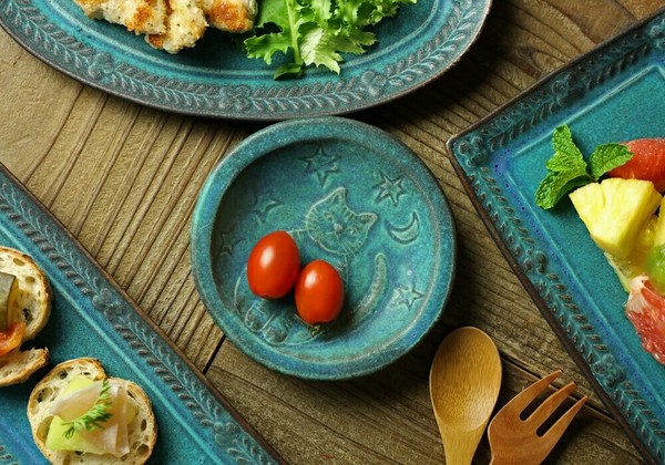 益子焼 どらねこの小皿 【丸】 シャビーターコイズ