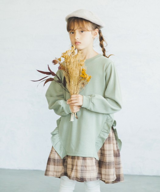 Raised Back Girls Docking Checkered One Piece Dress Plain Long Sleeve Sweatshirt Import Japanese Products At Wholesale Prices Super Delivery