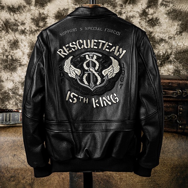 Motorcycle Leather Jacket Jean Cowhide Men's Fashion Embroidery 