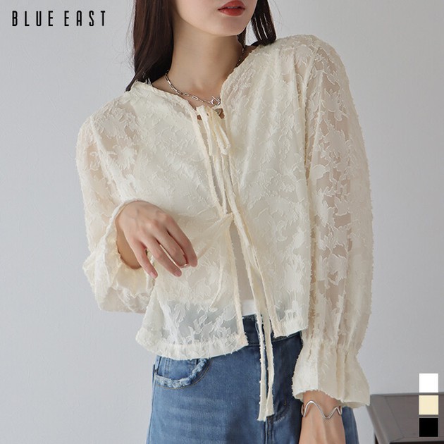 Button-Up Shirt/Blouse Jacquard Ribbon Sheer 2-way | Import