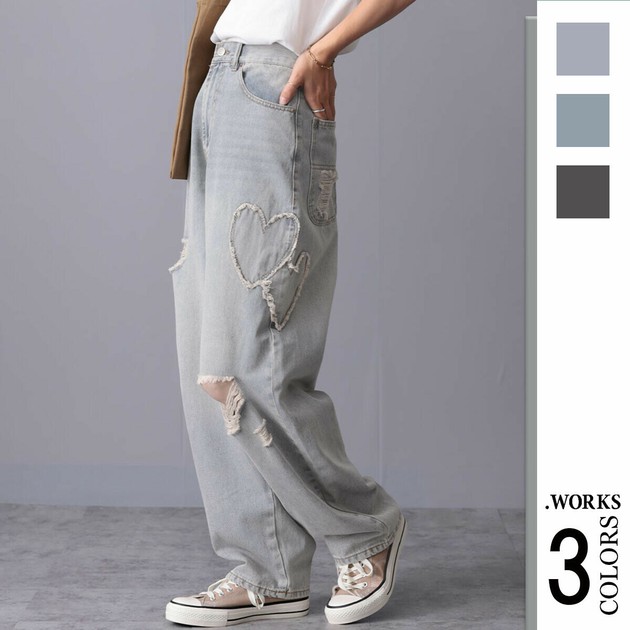 デニムパンツ ワイド ハート パッチワーク ダメージ 破れ加工 デニムパンツ ワイド ハート パッチワーク ダメージ 破れ加工