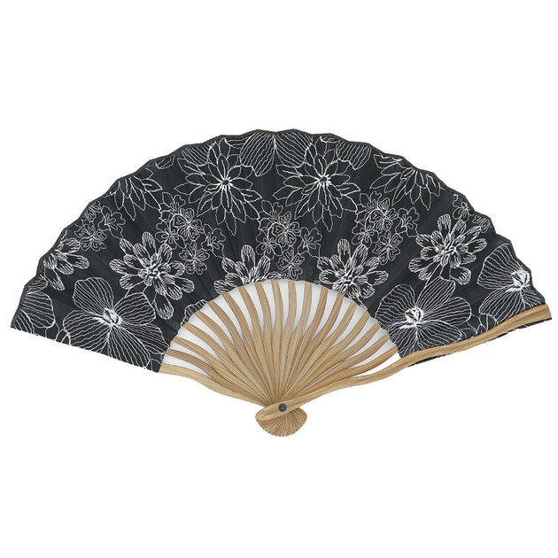 銀魂 夏の和柄グッズ 物足りな 短扇子 布製 黒 朱 花