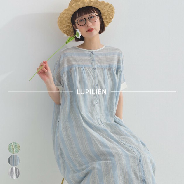 (新品)イタリア生地 日本製ワンピース　M～Ｌ スラブストライプ 2WAY スモッキング刺繍 ワンピース インド綿
