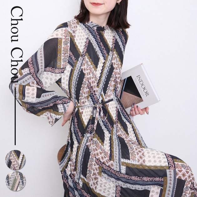 大人気 プリーツ レトロ柄ワンピース 2025 chou chou東京の商品