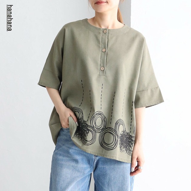 現品限り一斉値下げ！ 麻混プリントゆったりTシャツ hanahana（ハナハナ）2025新作春夏 その他