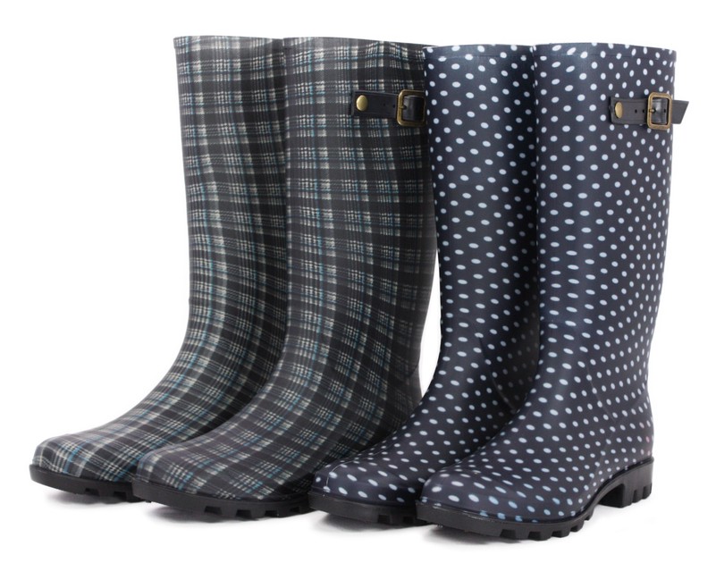 Ladies Long Rain Boots Checkered Dot 