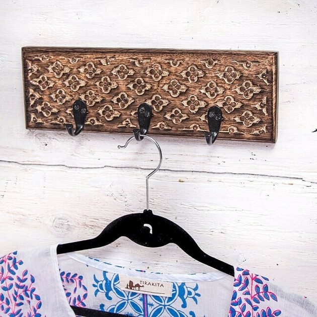 Mango Wood Antique Wall Clothes Hanger Brown Triple Export