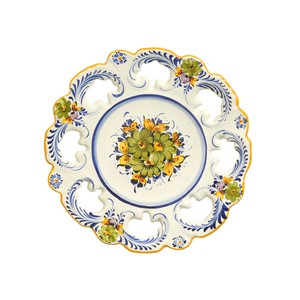 ポルトガル製 アルコバッサ 絵皿 花柄ハンドペイント 26cm青・黄 壁掛け