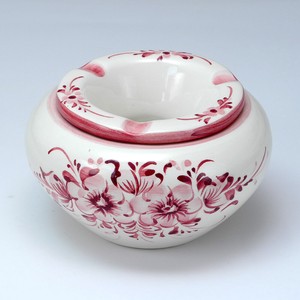 ポルトガル製  灰皿 フタ付き 丸型 白 陶器 小花柄 ピンク アッシュトレイ
