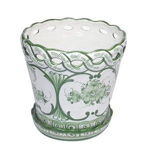 【ポルトガル製】陶器 受け皿付 植木鉢《底穴あり》ハンドペイント花柄・グリーン  プランター 19cm
