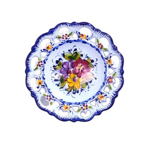 ポルトガル製 アルコバッサ 飾り皿 花柄 プレート ブルー ハンドペイント 絵皿 19cm 壁掛け