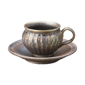 【信楽焼】黒釉彫　コーヒー碗皿（日本製）