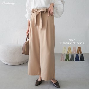 きれいめ ツイル ウエストリボン タック ワイド パンツ レディース りぼん リボン ベルト付き[ロング]
