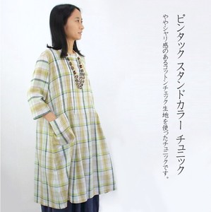 Tunic Pintucked Plaid Stand-up Collar Cotton