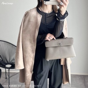 Coat Collarless Outerwear Long Suede Ladies' Zipped