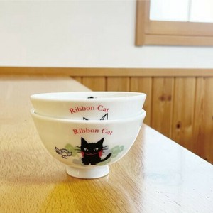 【Ribbon Cat】幸せのクローバー柄　茶碗S　(ﾘﾎﾞﾝｷｬｯﾄ)　猫　陶磁器