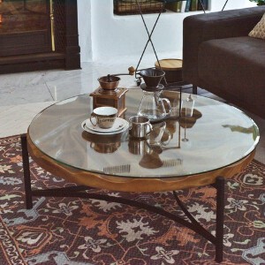 ラウンドテーブル テーブル　ローテーブル　サイドテーブル　天然木　天板　ガラス　手彫り