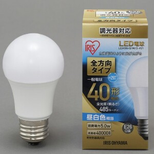 【アイリスオーヤマ　照明　LED電球】　LED電球 E26 調光 全方向タイプ 　昼白色 40形相当（485lm）