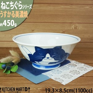 ねこちぐら ハチワレ 19.3cm 麺鉢 ラーメン鉢 うすかる ラーメン丼 子供 鉢 美濃焼 国産 日本製 陶器