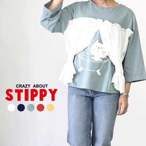 【STIPPY】お風呂猫プリント カーテン風布帛生地付き 七分袖ゆるTシャツ