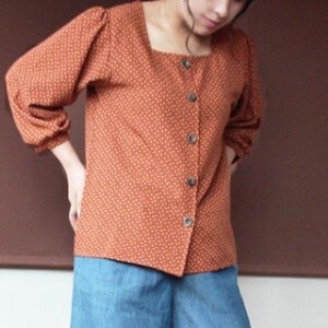 Button Shirt/Blouse Square Neck Japanese Fine Pattern Sleeve Blouse Buttons