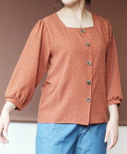 Button Shirt/Blouse Patterned Square Neck Japanese Fine Pattern Sleeve Blouse