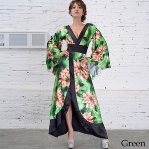 【SALE】1089サテン花柄ロング着物ドレス 衣装 ダンス よさこい 花魁 コスプレ キャバドレス