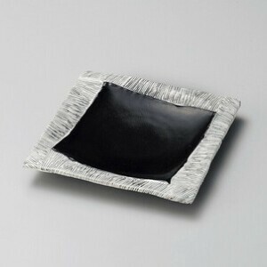 黒織部四辺筋皿【日本製　磁器】