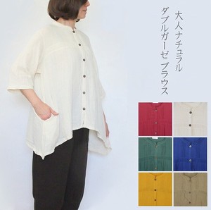Button Shirt/Blouse Double Gauze Stand-up Collar Cotton