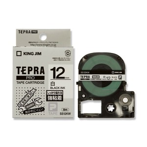 SS12KWテプラテープ強粘着12mm白テープ黒字