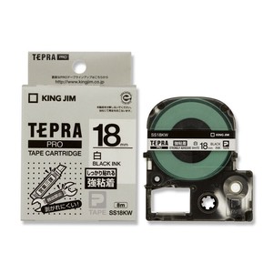 SS18KWテプラテープ強粘着18mm白テープ黒字