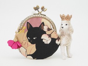 「黒猫と牡丹・ピンク」がま口ポーチ・コインケース（口金8.5センチ）