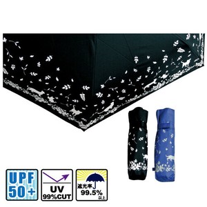 【UVカット率99%　UPF50+】晴雨兼用折りたたみ　ネコ＆葉っぱ　50cmミニ