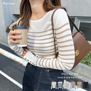 Sweater/Knitwear Long Sleeves Tops Buttoned Sheer Ribbed Knit