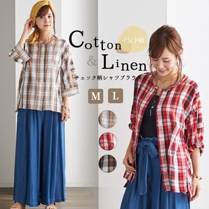 Button Shirt/Blouse Shirtwaist Plaid Cotton Linen Tops Cotton Ladies