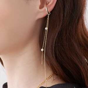 Clip-On Earrings Gold Post Pearl Earrings Ear Cuff Long Jewelry Made in Japan