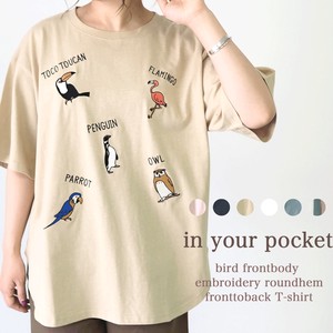 【in your pocket by stippy】鳥前身頃刺繍 ラウンドヘム前後差Tシャツ