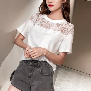 【SS】モチーフレース使いクルーネックTシャツ　　トップス
