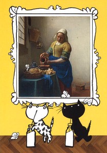ポストカード アート フィープ・ヴェステンドルプ「ピムとポム&ミルクメイドの絵画/フェルメール」