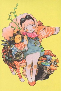 ポストカード イラスト 山田雨月「女の子とヒヨコと馬」