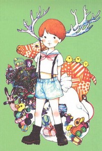 ポストカード イラスト クリスマス 山田雨月「子どもとトナカイとおもちゃ」